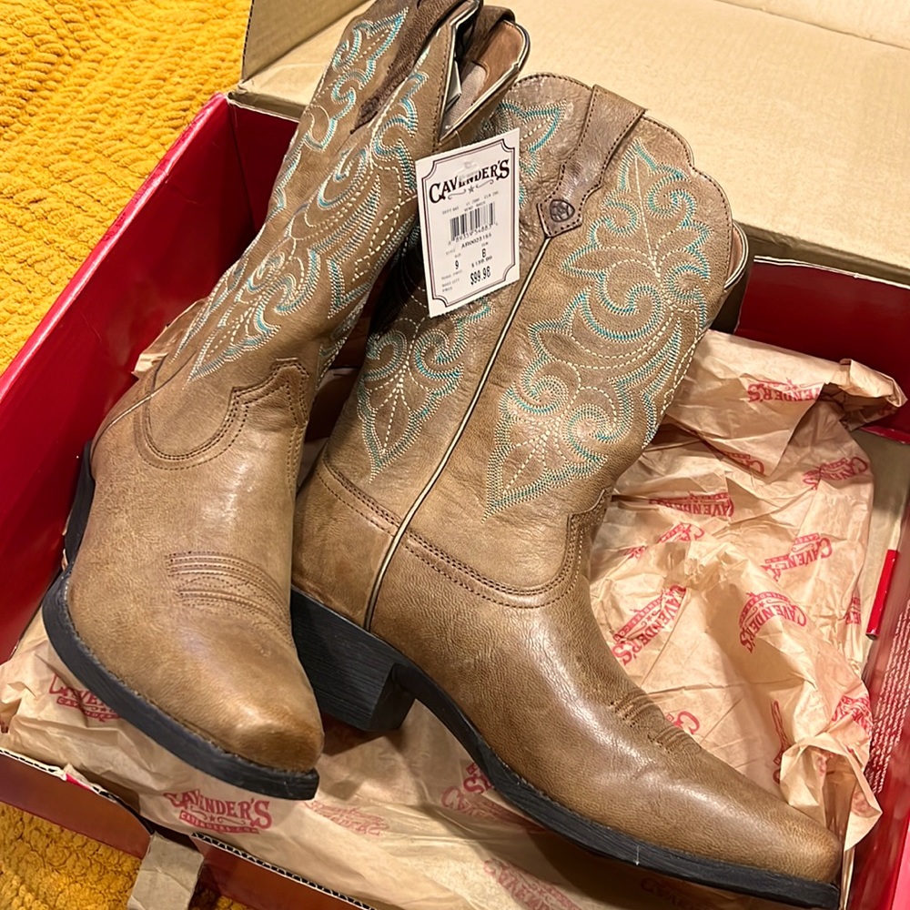 Western Boots Square Toe in Brown with Teal Embroidery - Size 9B - New